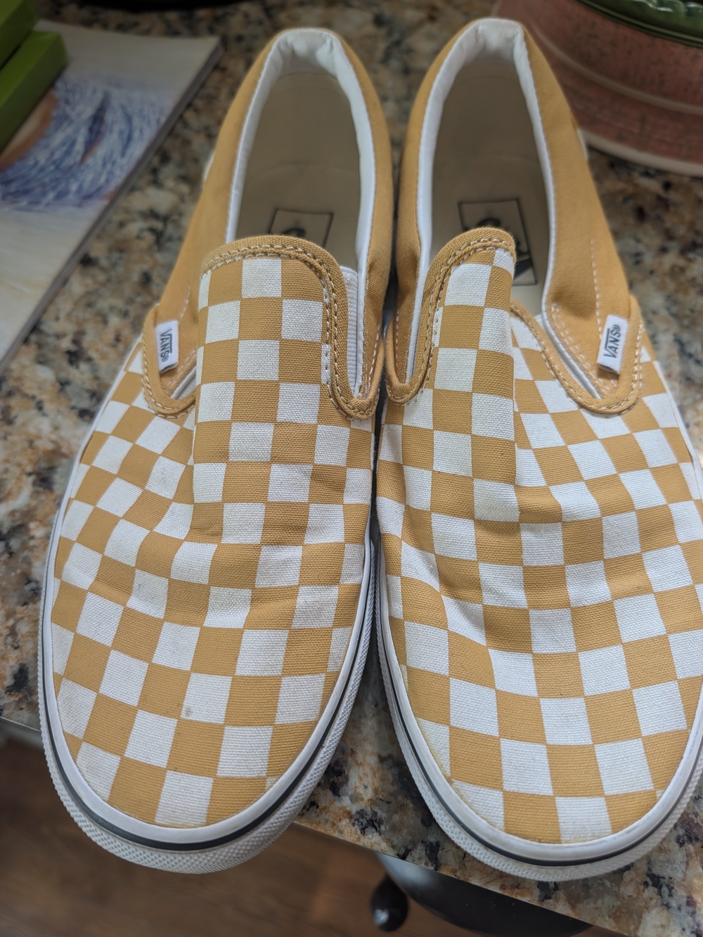 Vans Slip-On Checkerboard Sneakers in Mustard/White